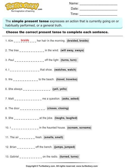 Present And Past Tense Verbs Worksheet