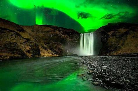 Skógafoss Waterfall At Night Under Northern Lights Iceland Wonderful