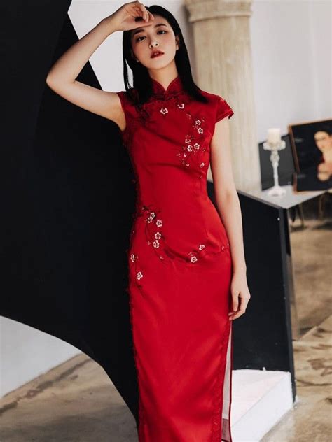 Red Embroidered Long Qipao Cheongsam Wedding Dress Cozyladywear Cheongsam Dress Asian Style
