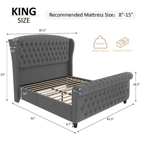 Amerlife King Size Platform Bed Frame Velvet Upholstered Sleigh Bed With Scroll Wingback