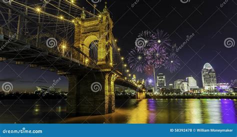Fireworks At John A Roebling Suspension Bridge In Cincinnati Oh Stock