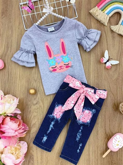 Girls Casual Easter Sets Bunny Print Top And Patched Denim Capris Set