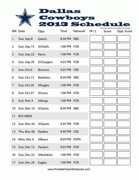 Nfl Dallas Cowboys Printable Schedule Schedule Printable