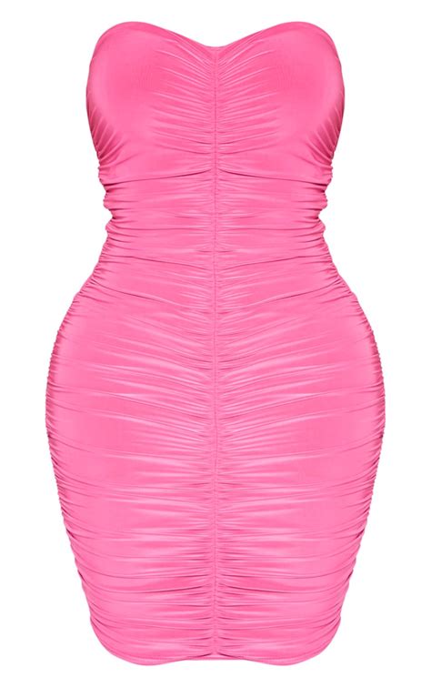 Shape Hot Pink Bandeau Ruched Bodycon Dress Prettylittlething