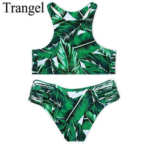 Trangel Bikini 2018 Green Leaves Print Swimwear Women Swimsuit Strapy