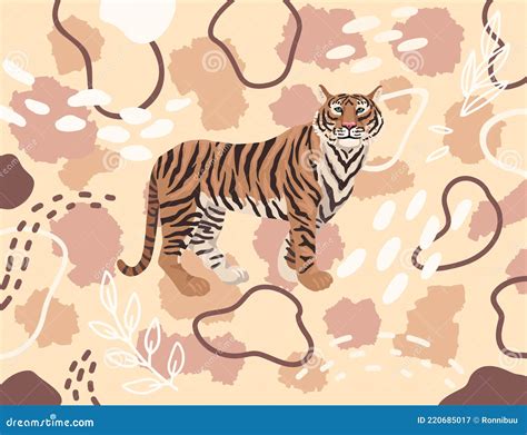 Tiger On Nude Pattern Flesh Color Vector Drawing Cartoon Flat
