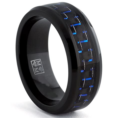Ringwright Co Mens Black Titanium Wedding Band Ring With Black And Blue Carbon Fiber Inlay