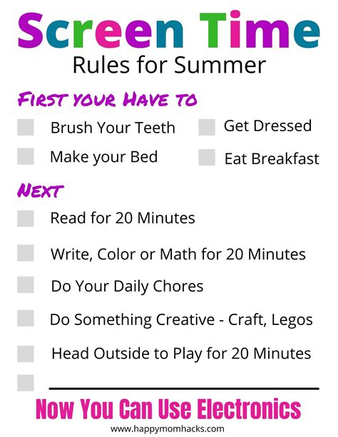 Printable Screen Time Rules Checklist For Kids