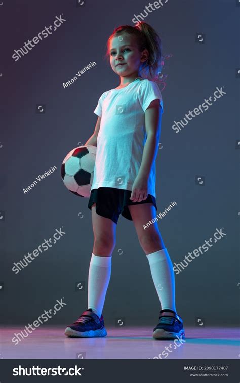 Portrait Little Girl Football Player Standing Stock Photo 2090177407