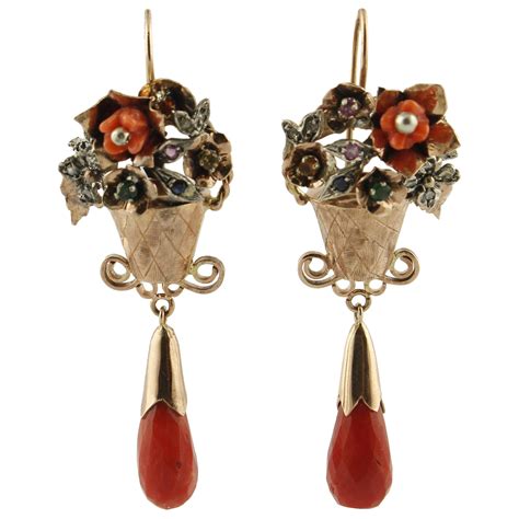 Diamonds Red Coral Emeralds Jade Rose Gold And Silver Earrings For Sale At 1stdibs