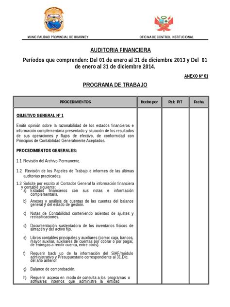 Programa De Auditoria Estados Financieros Contabilidad Contabilidad