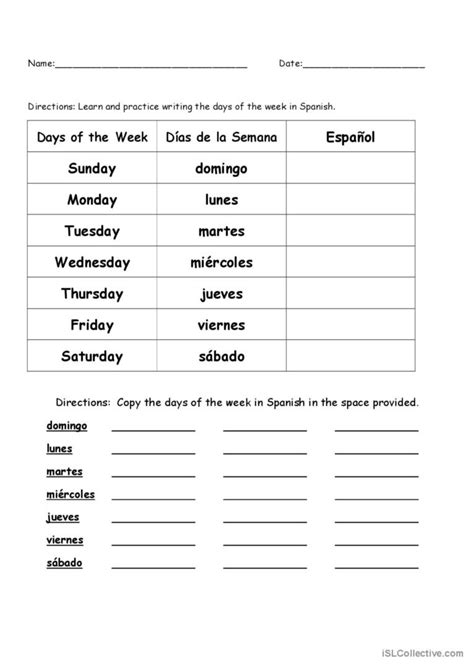 Days Of The Week In Spanish English Esl Worksheets Pdf And Doc