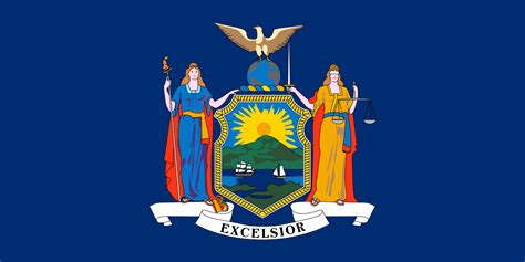 The new york flag has a blue field with in the middle the weapon of the american state. New York Flag, New York State Flag, NY State Colony ...