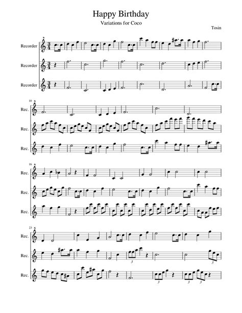 How to play on the recorder happy birthday to you (easy recorder notes lesson for beginners). Happy Birthday Coco! Sheet music for Recorder (Mixed Trio) | Musescore.com