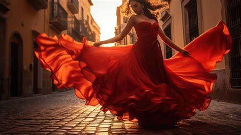 spanish flamenco dancer caught mid twirl her bright red dress flaring against the rustic