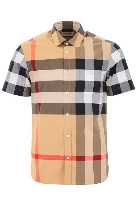 Burberry Mens Beige Short Sleeve Check Stretch Cotton Shirt Brand