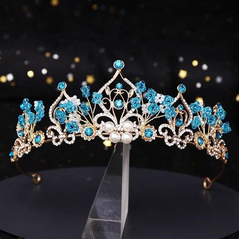 Princess Crown Flower Pearl Blue Crystal Bridal Tiara Prom Birthday