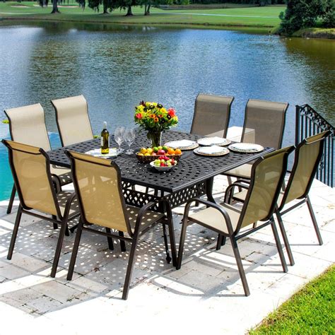 Madison Bay 9 Piece Sling Patio Dining Set With Stacking Chairs And