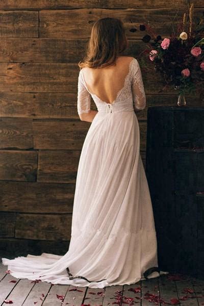 Lace Chiffon Backless Boho Wedding Gowns With Sleeves
