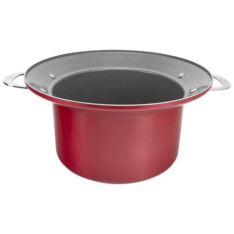 Stainless steel stock pot in black and stainless steel with glass lid. Fusionware 6-qt Stock Pot With Lid and Colander/Strainer