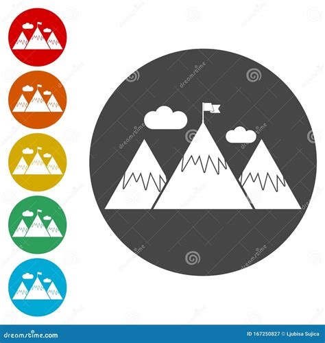 Flag On A Mountain Peak Icons Set Stock Vector Illustration Of