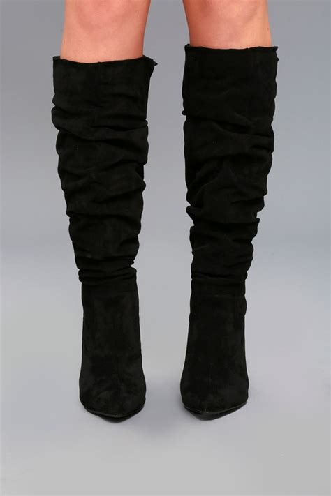 chic black vegan suede boots slouchy knee high heel boots