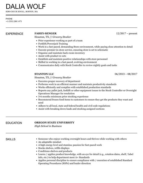 Grocery Stocker Resume Samples | Velvet Jobs