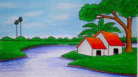 How To Draw Riverside Village Scenery Step By Step Very Easy With