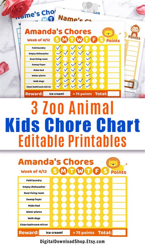 3 Kids Chore Chart Printables Zoo Animals Good Behavior Etsy In 2020