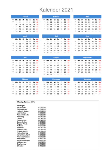 Dieser kalender 2021 entspricht der unten gezeigten grafik, also kalender mit kalenderwochen und feiertagen, enthält aber zusätzlich eine übersicht zum kalender. Jahreskalender 2021 - zum Ausdrucken - mit CH-Feiertagen | Vorla.ch