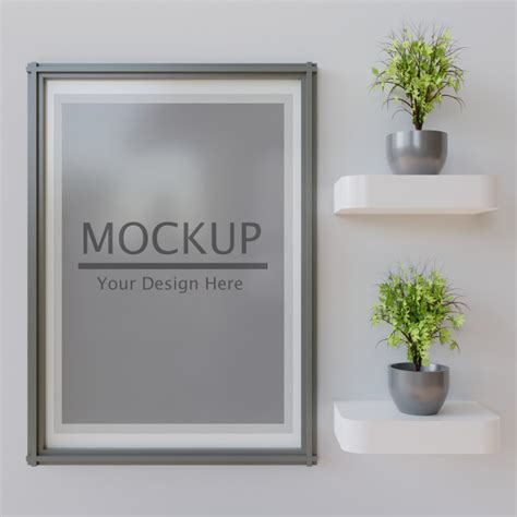Premium Psd Horizontal Frame Mockup With Couple Plants On Wall Shelf