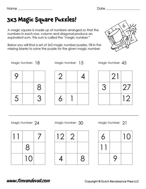 3x3-Magic-Square-Worksheet - Tim's Printables | Magic squares math