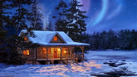 Aurora Borealis Over Winter Cabin Hd Wallpaper