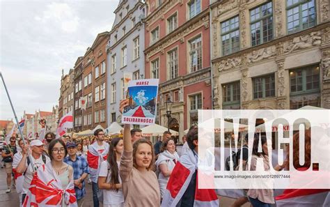 Solidarity With Belarus March In Gdansk People Holding Historical