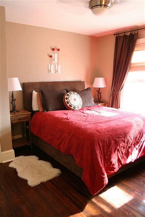 When looking for color ideas for your bedroom, consider using a color complement scheme; Bedroom light | Brown bedroom, Bedroom red, Woodsy bedroom