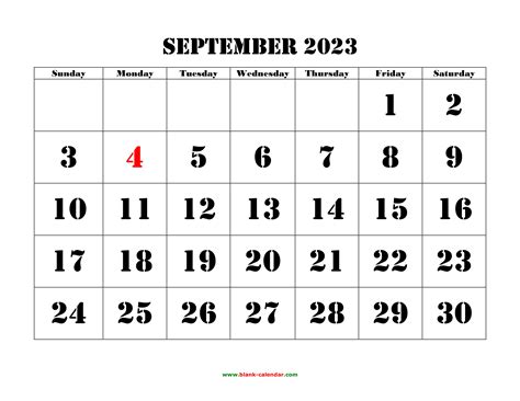 Free Download Printable September 2023 Calendar Large Font Design