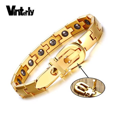 Vinterly Mens Magnetic Bracelet Gold Color Stainless Steel Healthy