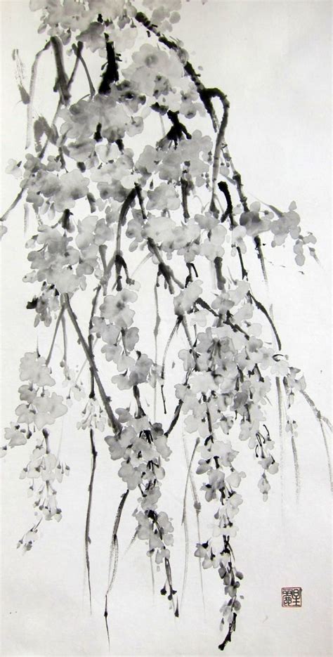 Sakura Cherry Blossoms Ink Painting Japanese Brush Painting Suibokuga