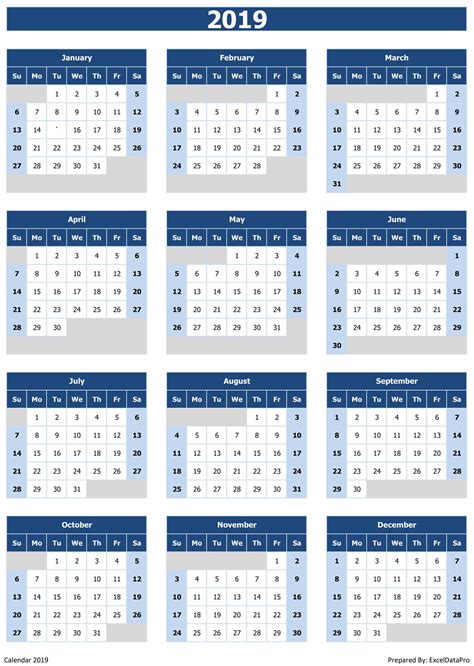 2019 Calendar Excel Templates Printable Pdfs And Images Exceldatapro