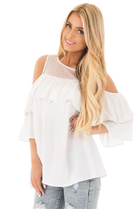 Off White Cold Shoulder Top With Ivory Sheer Yoke Tops White Cold Shoulder Top Womens Tops