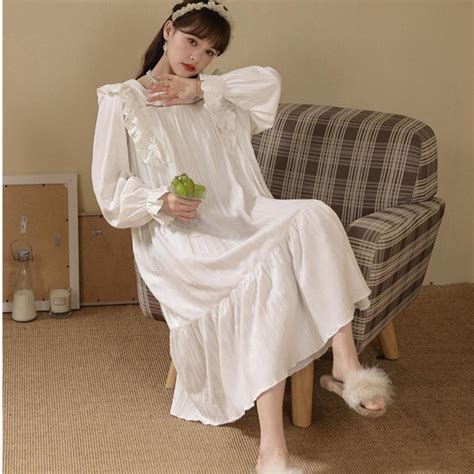 White Nightgown Sleepwear Lady Spring Autumn Long Sleeve Nightdress