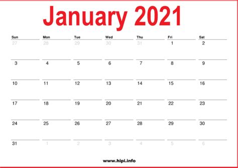 2021 January Calendar Printable Monthly Calendar