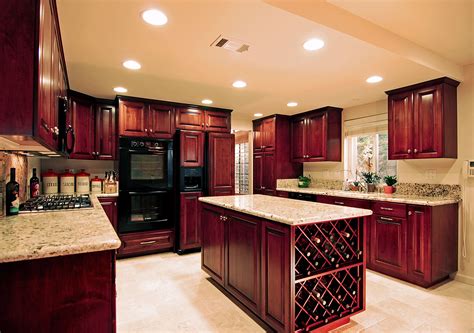 Kitchen With Dark Red Wood Cabinets
