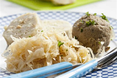 Plate Of Bread And Liver Dumpling With Sauerkraut Close Up Stock Photo