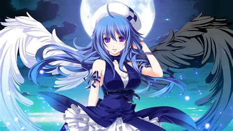 Anime Wings Moon Anime Girls Blue Hair Purple Eyes Blue Dress Ribbon