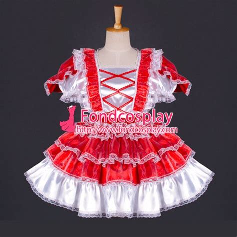 Sissy Maid Dress Lockable Red Satin French Uniform Dress Cosplay