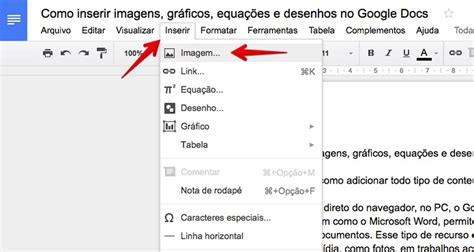 Como inserir imagens gráficos equações e desenhos no Google Docs