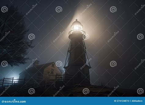 Lighthouse On A Foggy Night With Beams Of Light Through The Mist Stock