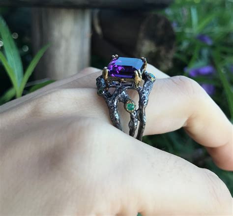 Nature Inspired Rustic Amethyst Statement Ring Black Multiple Branch