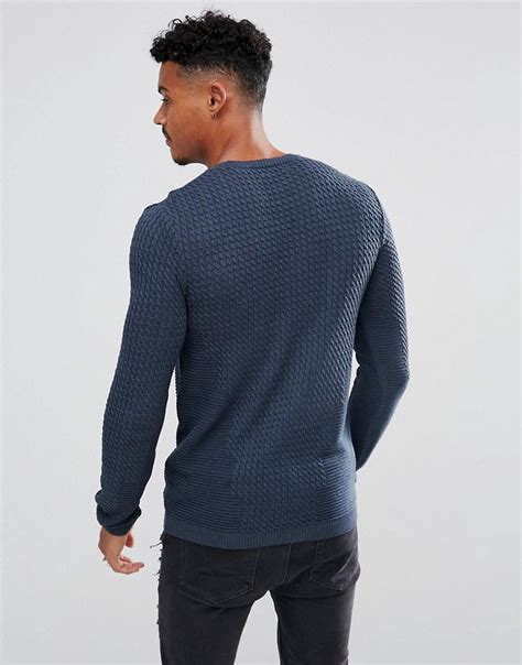 Asos Muscle Fit Cable Knit Sweater In Denim Blue Blue Mens Fashion